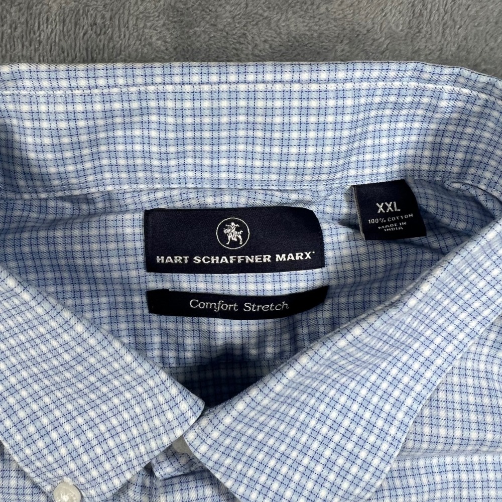 Hart Schaffner Marx Mens XXL Blue White Check Comfort Stretch Cotton Shirt - Picture 2 of 7
